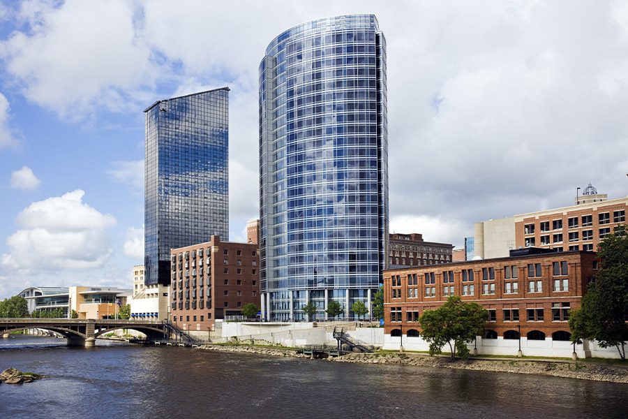 Grand Rapids, MI - Landscape View of the Buildings and Architecture of Grand Rapids, Michigan on a Sunny and Cloudy Day